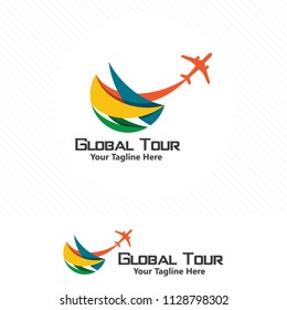 Colorful travel logo concept, airplane icon with abstract element.