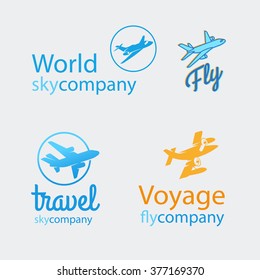 Colorful travel logo set with airplanes on whie background. Vector illustration