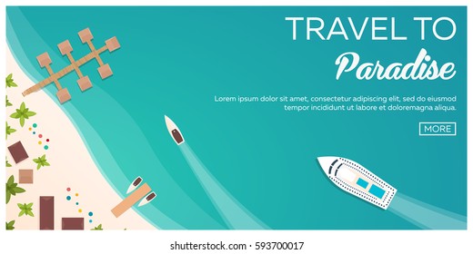 Colorful Travel to Paradise. Tropical beach. Cruise liner. Best cruise. Vector flat banner for your business