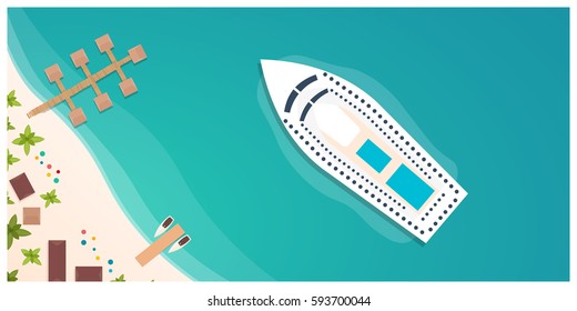 Colorful Travel to Paradise. Tropical beach. Cruise liner. Best cruise. Vector flat banner for your business