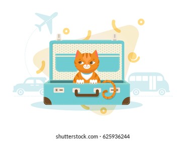 Colorful travel with pets concept of cat sitting in bag plane car and bus silhouettes vector illustration