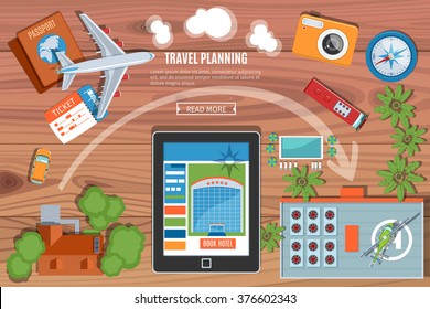 Colorful Travel Planning Vector Banner. Top View. Flat Lay Style