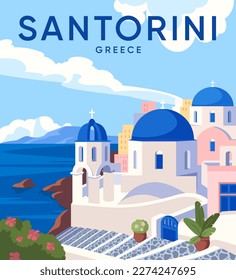 Colorful travel poster. Mediterranean Greek architecture with white buildings with blue roofs on the seashore. Greece Santorini. Tourism, vacation and journey. Cartoon flat vector illustration