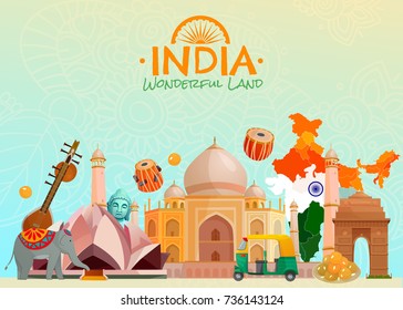 Cartel de viaje colorido con el templo de taj mahal lotus rickshaw y otros símbolos de la maravillosa tierra india ilustración vectorial Vector de stock