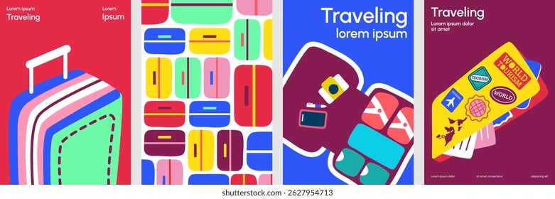 Colorful travel posters set featuring suitcases, luggage, and travel essentials in flat design style with vibrant tones for vacation, journey, tourism, and adventure themes.