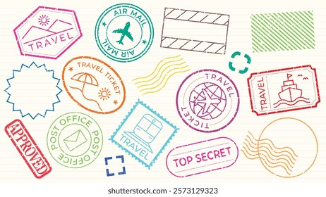 Colorful travel stamps with airplane, ship, and ticket designs. Includes 'Travel', 'Air Mail', 'Top Secret', and 'Approved' stamps. Vibrant travel-themed icons. Colorful travel stamps, vector set.