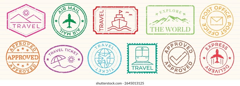 Colorful travel stamps with airplane, ship, and train icons. Travel-themed stamps include 'Approved' and 'Explore the World' designs. Travel stamps for adventure. Colorful travel stamps, vector set.