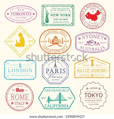 Colorful travel stamps from cities like Toronto, New York, Beijing, Sydney, London, Paris, Rio, Rome, San Francisco, and Tokyo. Travel, stamps, cities. Colorful travel stamps, vector set.