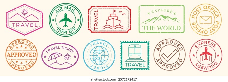 Colorful travel stamps featuring airplanes, ships, and trains. Travel-themed stamps with approved and express delivery labels. Travel icons and stamps. Colorful travel stamps, vector set.