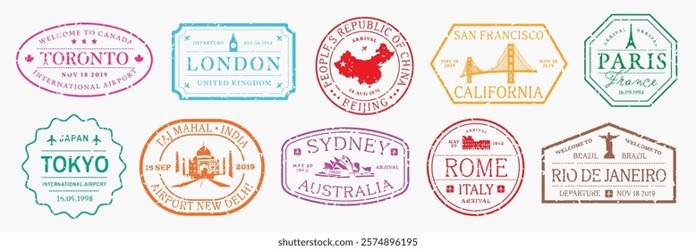 Colorful travel stamps featuring cities like Toronto, London, Beijing, San Francisco, Paris, Tokyo, Sydney, Rome, and Rio de Janeiro. Travel, stamps, cities. Colorful travel stamps, vector set.