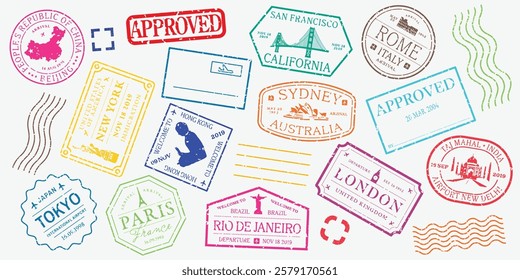 Colorful travel stamps featuring cities like Tokyo, Paris, and London. Stamps show approval, travel, and destination themes. Travel stamps add vibrant flair. Colorful travel stamps, vector set.