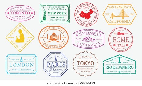 Colorful travel stamps featuring cities like New York, Tokyo, Paris, and Sydney. Stamps include iconic landmarks and dates, perfect for travel-themed designs. Colorful travel stamps, vector set.