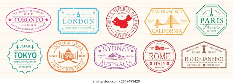Selos coloridos para viagens com cidades como Toronto, Londres, Pequim, São Francisco, Paris, Tóquio e muito mais. Carimbos de viagem para destinos internacionais. Selos coloridos de viagem, conjunto de vetores.