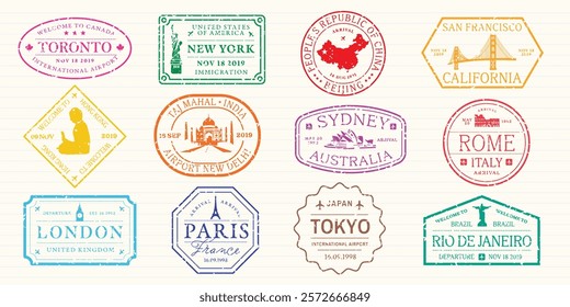 Colorful travel stamps featuring iconic cities: Toronto, New York, Beijing, San Francisco, New Delhi, Sydney, Rome, London, Paris, Tokyo, Rio de Janeiro. Colorful travel stamps, vector set.