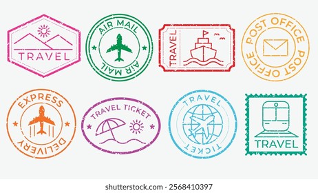 Colorful travel stamps featuring planes, ships, and trains. Travel-themed stamps in various shapes, ideal for travel enthusiasts and travel-themed projects. Colorful stamps, vector set.