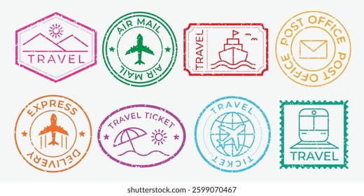 Colorful travel stamps featuring planes, boats, and trains. Travel icons include air mail, express delivery, and post office themes. Travel and transport stamps. Colorful travel stamps, vector set.
