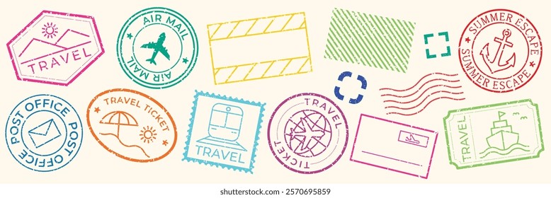 Colorful travel stamps featuring travel themes like air mail, summer escape. Vibrant travel icons and travel motifs in various shapes.