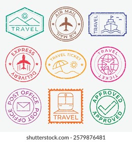 Colorful travel stamps with planes, ships, and trains. Travel-themed designs for travel enthusiasts. Travel stamps for air mail and express delivery. Colorful travel stamps, vector set.