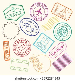 Colorful travel stamps with travel themes like airplanes, ships, and tickets. Travel stamps for travel documents, souvenirs, and collections. Colorful stamps, vector set.