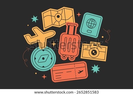 Colorful travel sticker, patch, stamp, logos element collection. Set of vintage  travelling symbol in black background.