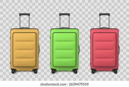 Colorful Travel Suitcases Set – Yellow, Green, and Red Hard Case Luggage with Wheels and Handles on Transparent Background. Vector Illustration.