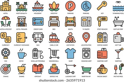 Colorful travel and tourism icons representing vacation, services, and amenities