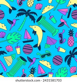 Colorful travel tourism seamless pattern in doodle style. Bright summer endless background with warm exotic country elements. Repeat vector illustration. Trip vacation tourism journey paradise concept