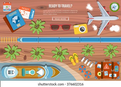 Colorful Travel Vector Banner. Top View. Flat Lay Style