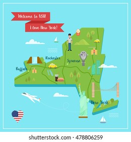 Colorful traveling postcard of New York with attractions and landmarks: the Statue of Liberty, Brooklyn bridge, yellow lights, telescope of Top of the Rock. Vector concept in flat style.