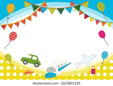 Colorful travel-themed frame with balloons

