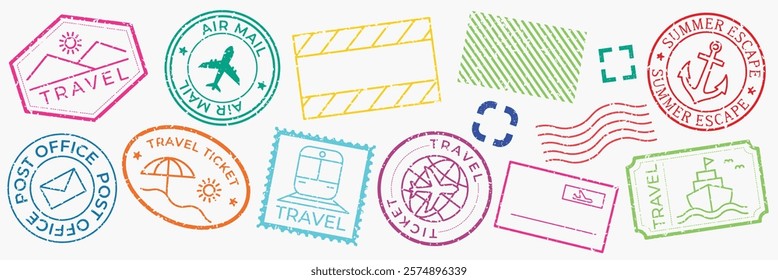 Colorful travel-themed stamps with icons like airplanes, boats, and envelopes. Travel stamps in various shapes, perfect for travel enthusiasts and travel decor. Colorful travel stamps, vector set.