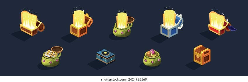 Colorful Treasure Chest with Golden Glow Isometric Vector Set