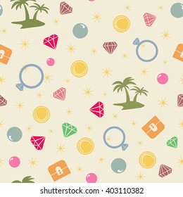 Colorful treasure island  seamless pattern, pirate theme. Vector background with treasure chest, island, palms, pearl, diamond and coins