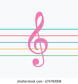 colorful treble clef flat design style music background. Musical notes icon cartoon. vector  Sol key with lines & rows to write isolated 