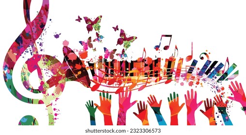 Colorful treble clef musical note symbol with piano keyboard and hands background. Abstract G-clef and musical notes staff poster. Live concert events, music talent show, music festival, party flyer	