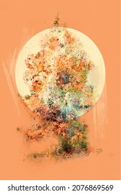 Colorful tree against soft circle sun. Feeling good, tranquil and happy.
