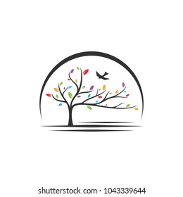 Colorful Tree With Bird Icon Logo Design Template. Education. Vector illustration.