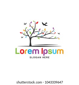 Colorful Tree With Bird Icon Logo Design Template. Education. Vector illustration.