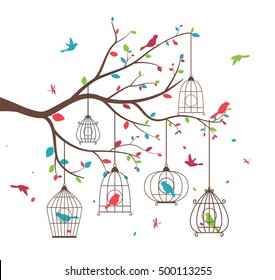 Colorful tree with birds and birdcages