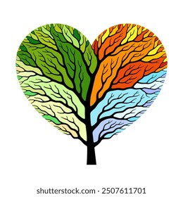 Árbol colorido con ramas en forma de símbolo de corazón, silueta negra y corona de árbol multicolor en colores específicos de temporada, sobre fondo blanco. Diseño decorativo creativo