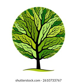 Colorful tree with branches shaped like circle, black silhouette and bright multicolored crown in seasonal specific summer colors. Creative decorative design