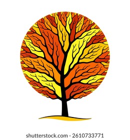 Colorful tree with branches shaped like circle, black silhouette and bright multicolored crown in seasonal specific autumn colors. Creative decorative design