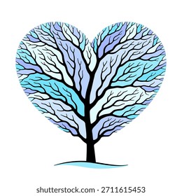 Colorful tree with branches shaped like heart symbol, black silhouette and multicolored crown in seasonal specific winter colors. Creative decorative design