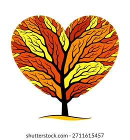 Árbol colorido con ramas en forma de símbolo de corazón, silueta negra y corona multicolor brillante en colores de otoño específicos de temporada. Diseño decorativo creativo