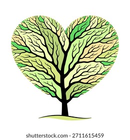 Árbol colorido con ramas en forma de símbolo de corazón, silueta negra y corona multicolor en colores de primavera específicos de temporada. Diseño decorativo creativo
