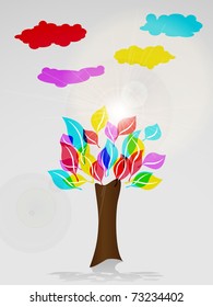 Colorful tree and clouds with lens flare through foliage