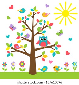 Colorful tree and cute owl   birds