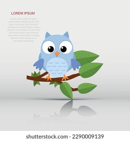 Colorful tree with cute owl. Cartoon bird in moon forest. Flat vector illustration.