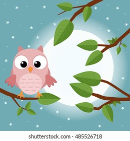 Colorful tree with cute owl. Cartoon bird in moon forest. Flat vector illustration.