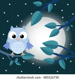 Colorful tree with cute owl. Cartoon bird in moon forest. Flat vector illustration.